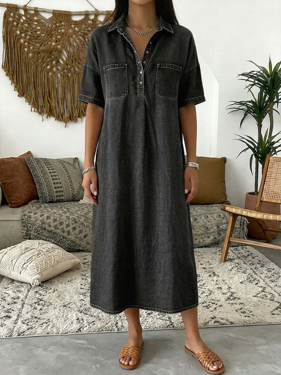 ๐ 50% OFF NOW! ๐ Casual Pocket Denim Midi Shirt Dress โ Soft denim & relaxed fit โ Functional pockets, perfect for everyday casual โ comfortable and versatile โจ๐ธ
