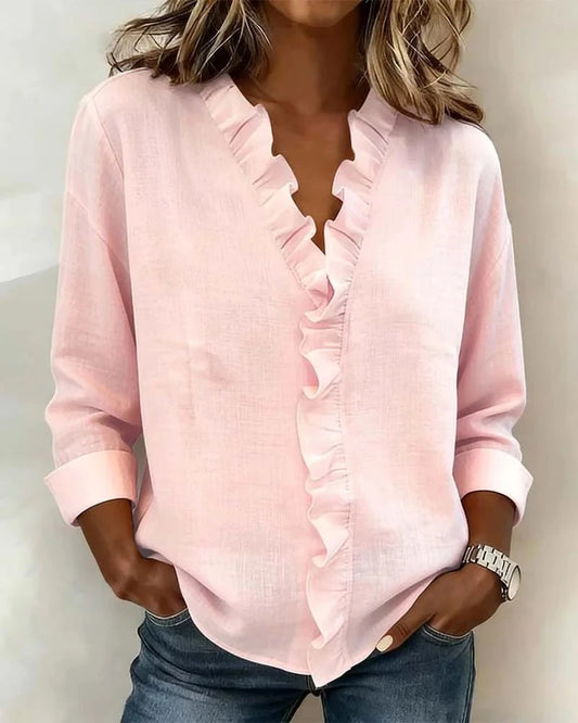 Ruffled V-Neck Long Sleeve Blouse