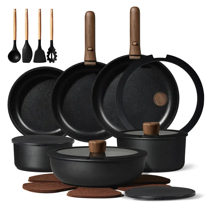19/22/26pcs Pots and Pans Non Stick, Wooden Detachable Handle, Cookware Sets Induction Kitchen Pots and Pans,NonStick Cooking Set, Oven/Dishwasher/Fridge Safe, Space Saving, Fry, Silicone, Pots And Pans Set